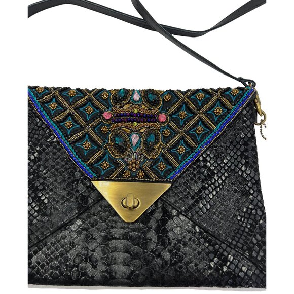 MARY FRANCES Black Beaded & Gem Embellished Flap Embossed Suede Shoulder Bag New - Picture 3 of 8